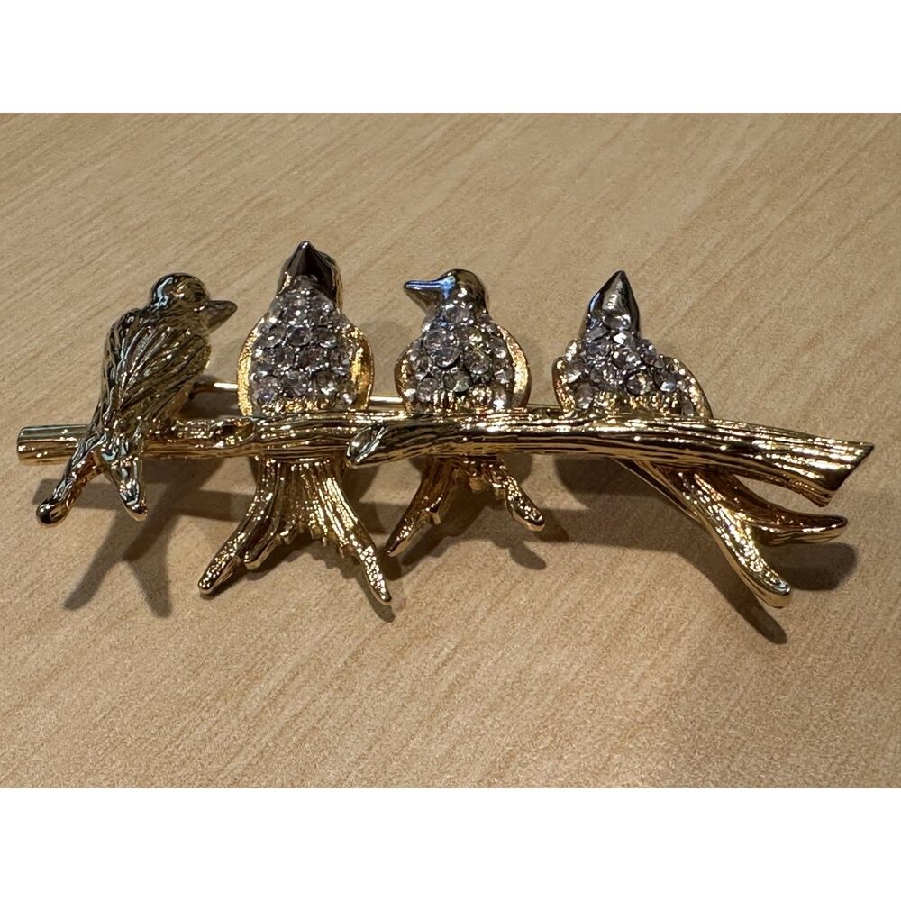 Vintage Joan Rivers Gold Tone Birds on a Branch Brooch Pin, Crystal Rhinestone